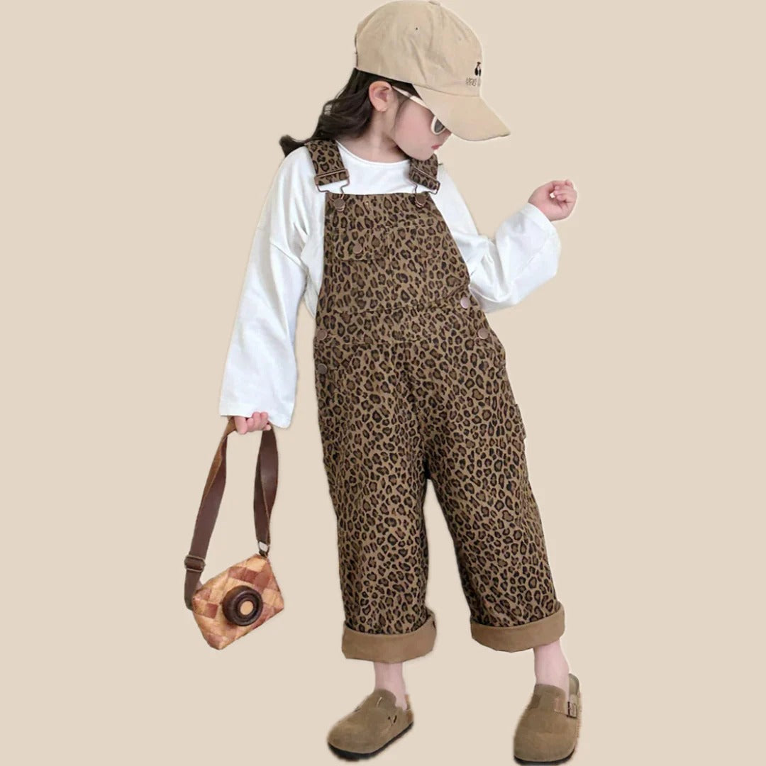 Girls' Overalls with Brown Leopard Print