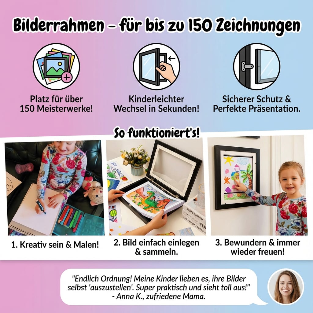 Creative Display | Picture Frame for 150 Drawings with Easy Change Mechanism | Modern Wall Art Organizer for Kids' Artwork 5