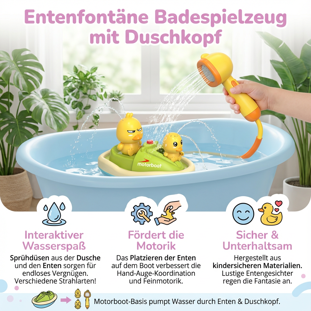 Duck Fountain Bath Toy | Interactive Plastic Ducks with Battery-Operated Shower Head | Engaging Sensory Play for Kids 2