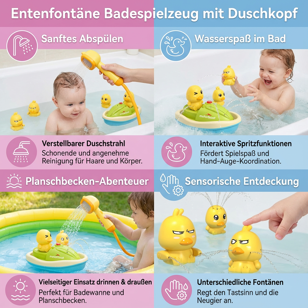 Duck Fountain Bath Toy | Interactive Plastic Ducks with Battery-Operated Shower Head | Engaging Sensory Play for Kids 3