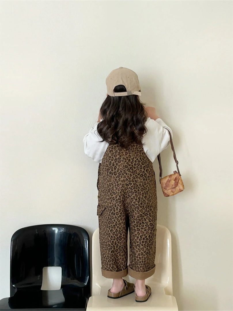 Girls' Overalls with Brown Leopard Print