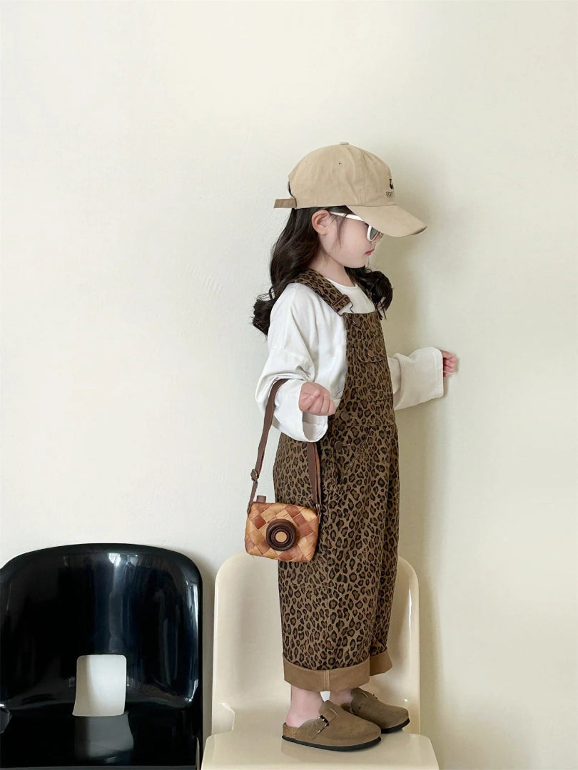 Girls' Overalls with Brown Leopard Print