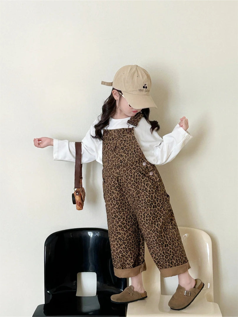 Girls' Overalls with Brown Leopard Print