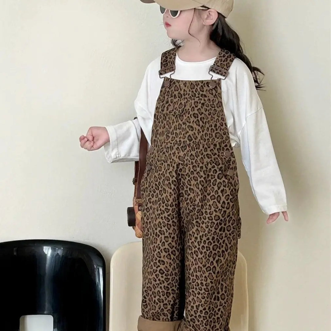 Girls' Overalls with Brown Leopard Print