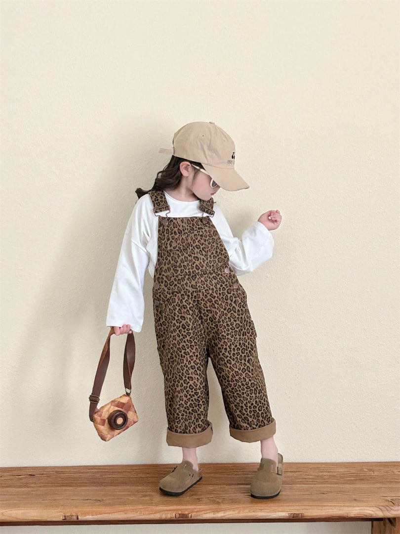 Girls' Overalls with Brown Leopard Print
