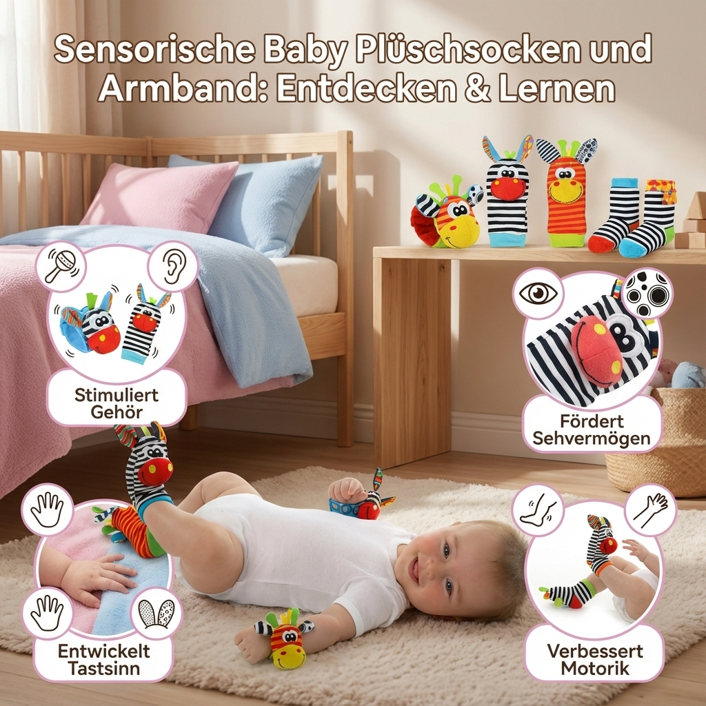 Sensory Plush | Baby Socks & Bracelet Set with Rattles | Colorful Design for Cognitive Development 3